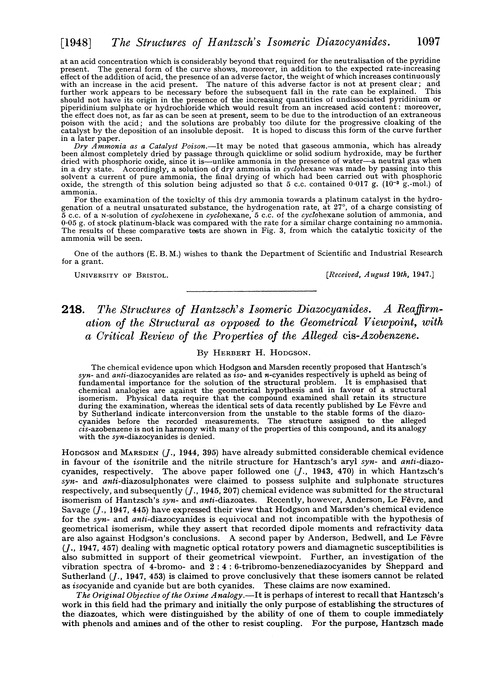 218. The structures of Hantzsch's isomeric diazocyanides. A reaffirmation of the structural as opposed to the geometrical viewpoint, with a critical review of the properties of the alleged cis-azobenzene