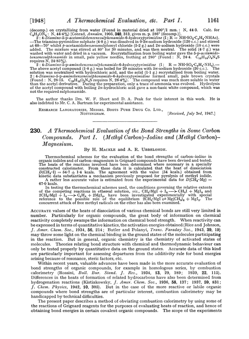 230. A thermochemical evaluation of the bond strengths in some carbon compounds. Part I. (methyl carbon)–iodine and (methyl carbon)–magnesium