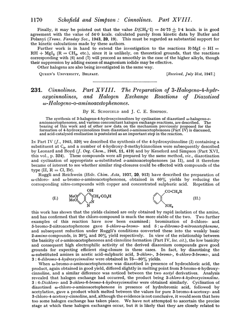 231. Cinnolines. Part XVIII. The preparation of 3-halogeno-4-hydroxycinnolines, and halogen exchange reactions of diazotised ω;-halogeno-o-aminoacetophenones