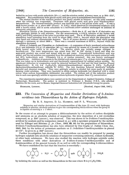 233. The conversion of mepacrine and similar derivatives of 5-aminoacridines into thioacridones by the action of hydrogen sulphide