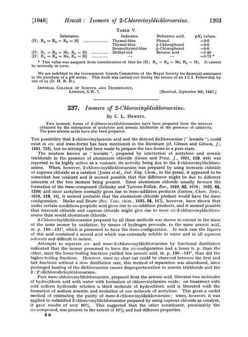 237. Isomers of 2-chlorovinyldichloroarsine
