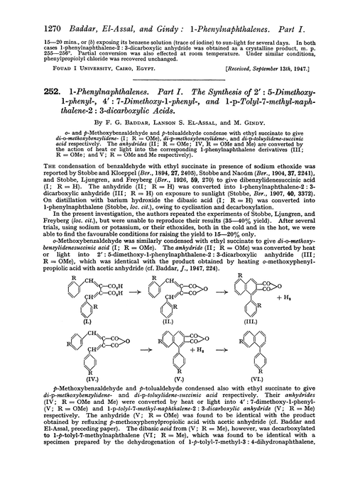 252. 1-Phenylnaphthalenes. Part I. The synthesis of 2′ : 5-dimethoxy-1-phenyl-, 4′ : 7-dimethoxy-1-phenyl-, and 1-p-tolyl-7-methyl-naphthalene-2 : 3-dicarboxylic acids