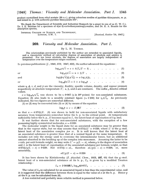 269. Viscosity and molecular association. Part I