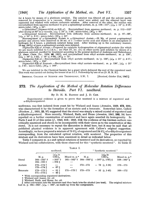 272. The application of the method of molecular rotation differences to steroids. Part VI. neosterol