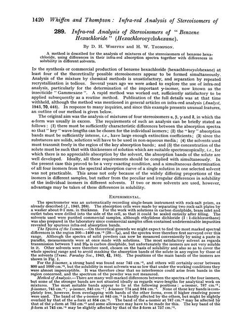 289. Infra-red analysis of stereoisomers of “benzene hexachloride”(hexachlorocyclohexane)