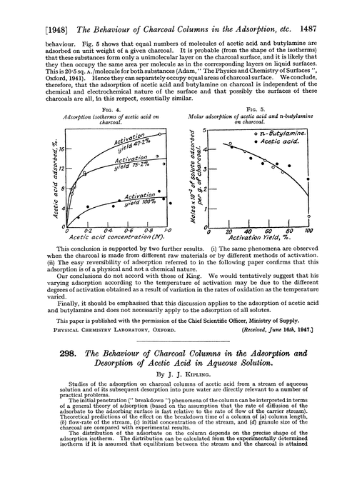 298. The behaviour of charcoal columns in the adsorption and desorption of acetic acid in aqueous solution