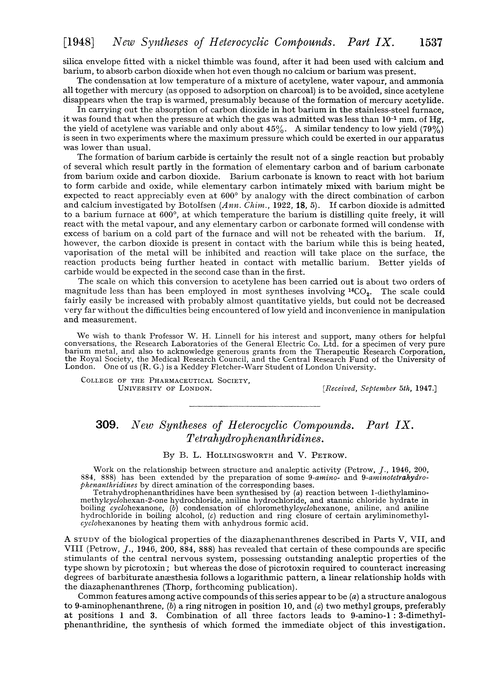309. New syntheses of heterocyclic compounds. Part IX. Tetrahydrophenanthridines