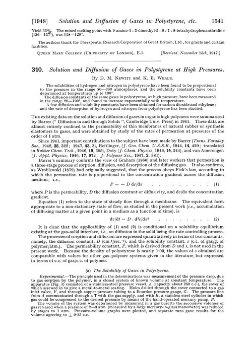310. Solution and diffusion of gases in polystyrene at high pressures
