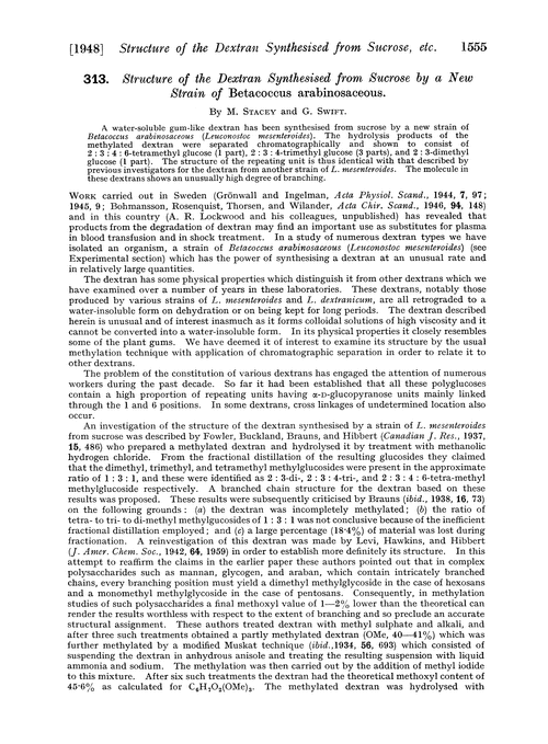 313. Structure of the dextran synthesised from sucrose by a new strain of Betacoccus arabinosaceous