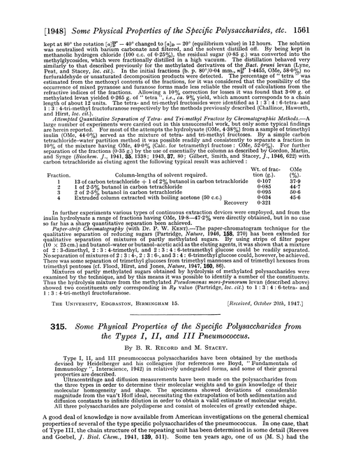 315. Some physical properties of the specific polysaccharides from the types I, II, and III pneumococcus