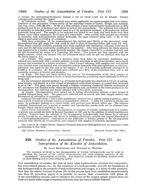 319. Studies of the autoxidation of tetralin. Part III. An interpretation of the kinetics of autoxidation
