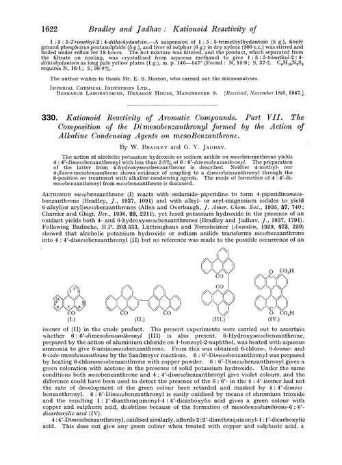 330. Kationoid reactivity of aromatic compounds. Part VII. The composition of the dimesobenzanthronyl formed by the action of alkaline condensing agents on mesobenzanthrone