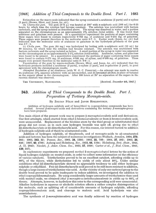 343. Addition of thiol compounds to the double bond. Part I. Preparation of tertiary mercapto-acids