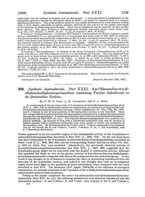 356. Synthetic antimalarials. Part XXXI. 2-p-chloroanilino-4-β-diethylaminoethylaminoquinazolines containing various substituents in the quinazoline nucleus