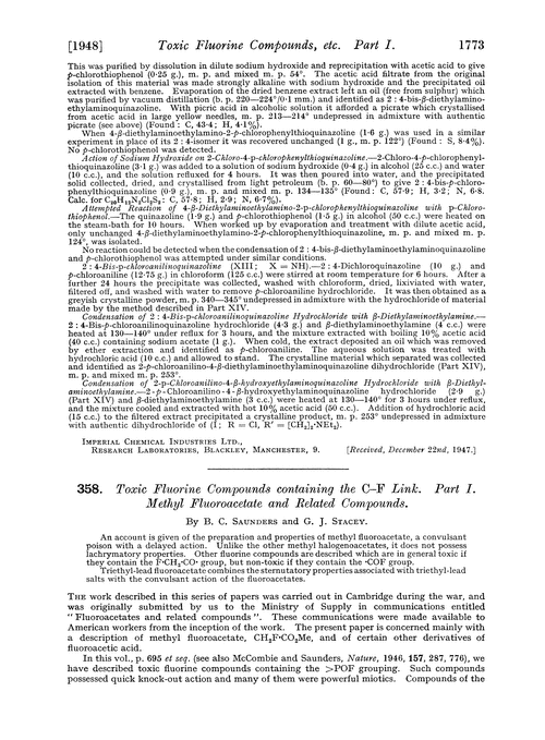 358. Toxic fluorine compounds containing the C–F link. Part I. Methyl Fluoroacetate and Related Compounds