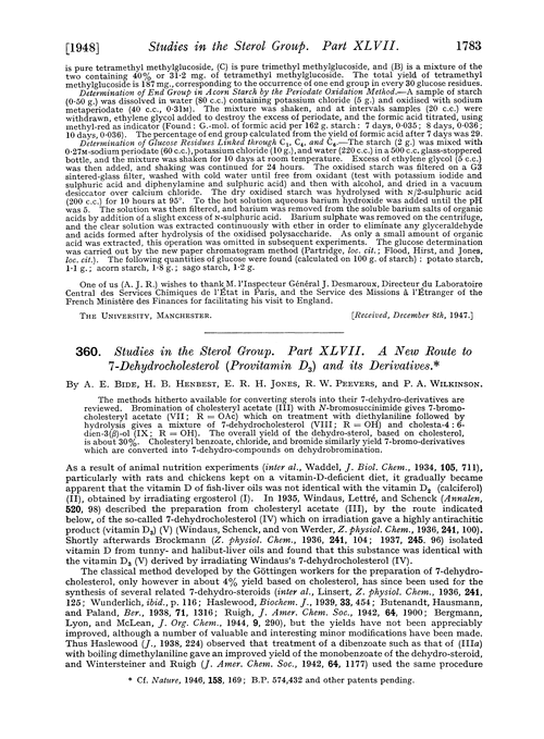 360. Studies in the sterol group. Part XLVII. A new route to 7-dehydrocholesterol (provitamin D3) and its derivatives