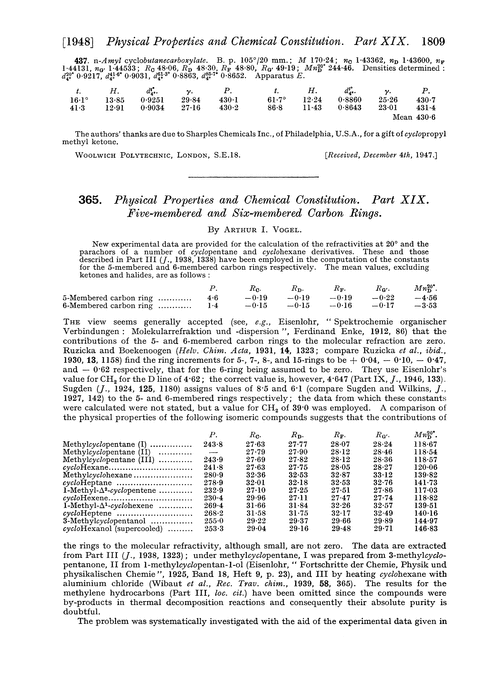 365. Physical properties and chemical constitution. Part XIX. Five-membered and six-membered carbon rings