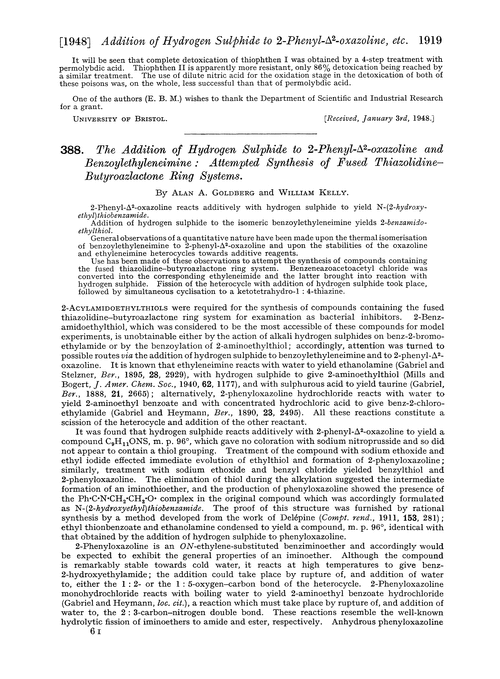 388. The addition of hydrogen sulphide to 2-phenyl-Δ2-oxazoline and benzoylethyleneimine: attempted synthesis of fused thiazolidine–butyroazlactone ring systems