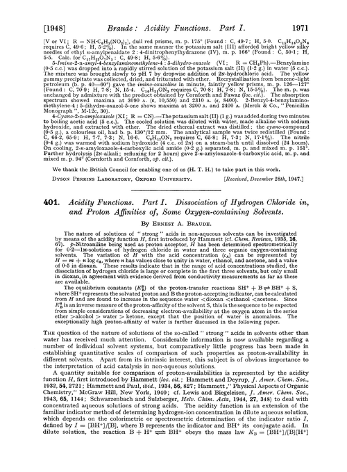 401. Acidity functions. Part I. Dissociation of hydrogen chloride in, and proton affinities of, some oxygen-containing solvents