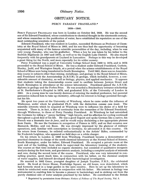 Obituary notice: Percy Faraday Frankland, 1858–1946