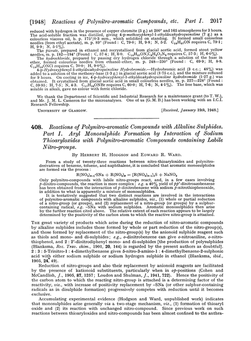 408. Reactions of polynitro-aromatic compounds with alkaline sulphides. Part I. Aryl monosulphide formation by interaction of sodium thioaryloxides with polynitro-aromatic compounds containing labile nitro-groups