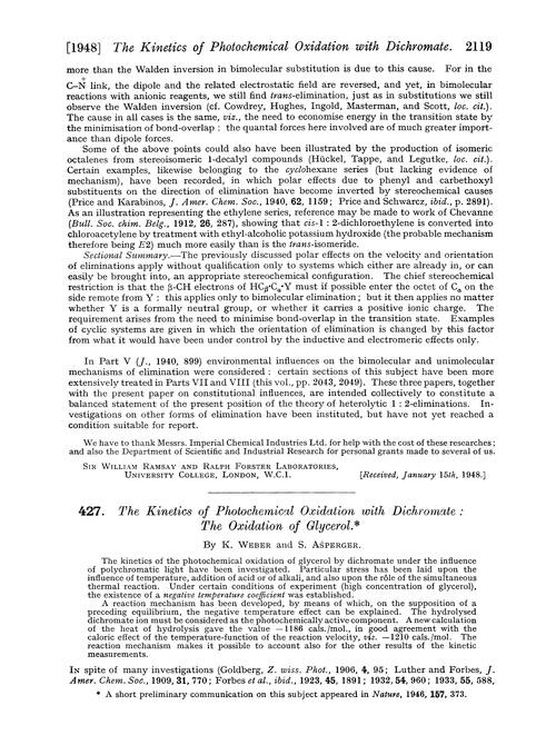 427. The kinetics of photochemical oxidation with dichromate : the oxidation of glycerol