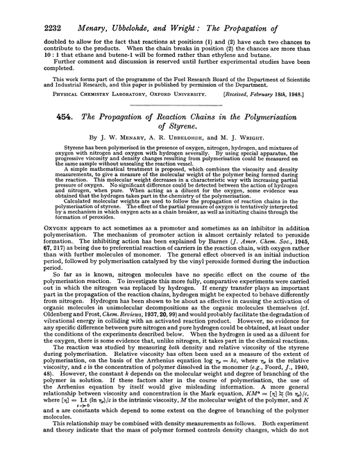 454. The propagation of reaction chains in the polymerisation of styrene