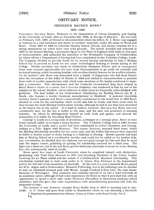 Obituary notice: Frederick Maurice Rowe, 1891–1946