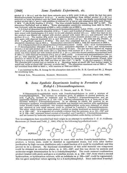 8. Some synthetic experiments leading to formation of methyl-1 : 2-benzanthraquinones