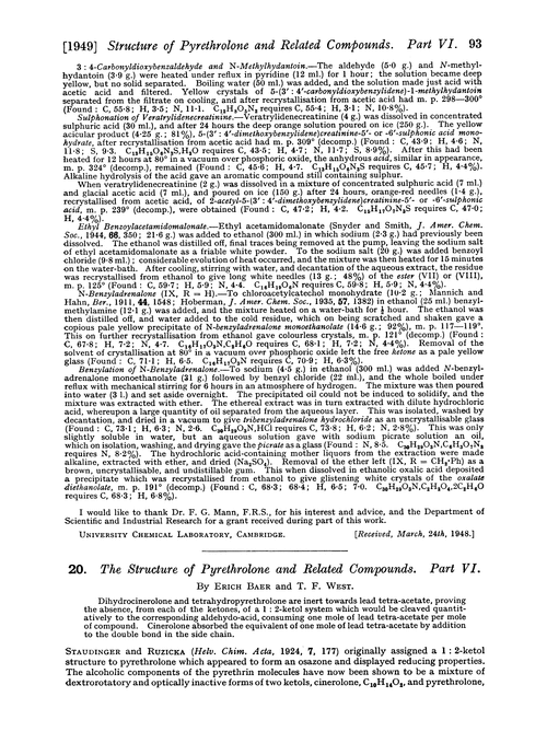 20. The structure of pyrethorolone and related compounds. Part VI