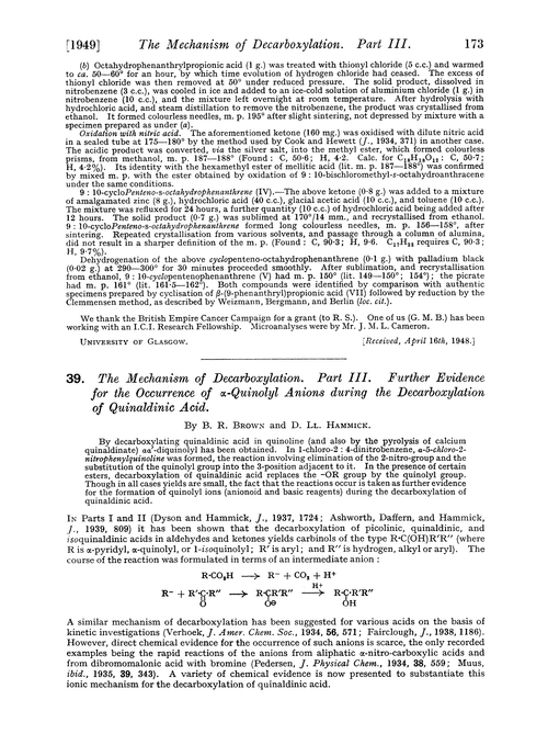 39. The mechanism of decarboxylation. Part III. Further evidence for the occurrence of α-quinolyl anions during the decarboxylation of quinaldinic acid