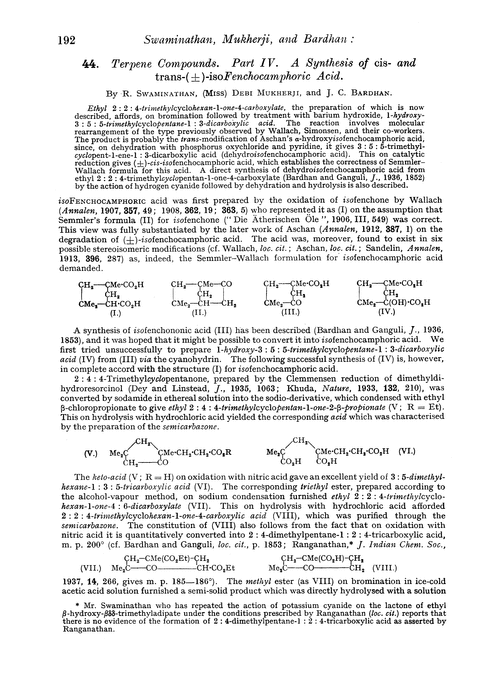 44. Terpene compounds. Part IV. A syntheis of cis- and trans-(±)-isofenchocamphoric acid