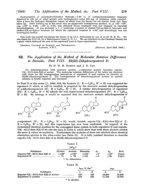 52. The application of the method of molecular rotation differences to steroids. Part VIII. 22(23)-Dihydroergosterol D
