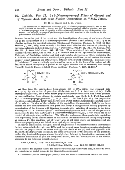 60. Dithiols. Part II. 2 : 3-Dimercaptopropyl ethers of glycerol and of glycollic acid, with some further observations on “BAL-Intrav.”