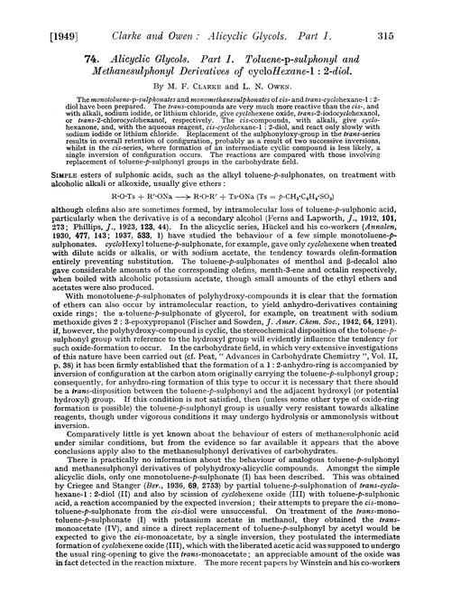 74. Alicyclic glycols. Part I. Toluene-p-sulphonyl and methanesulphonyl derivatives of cyclohexane-1 : 2-diol