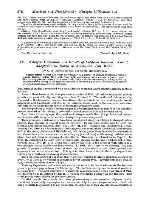 86. Nitrogen utilisation and growth of coliform bacteria. Part I. Adaptation to growth in ammonium salt media