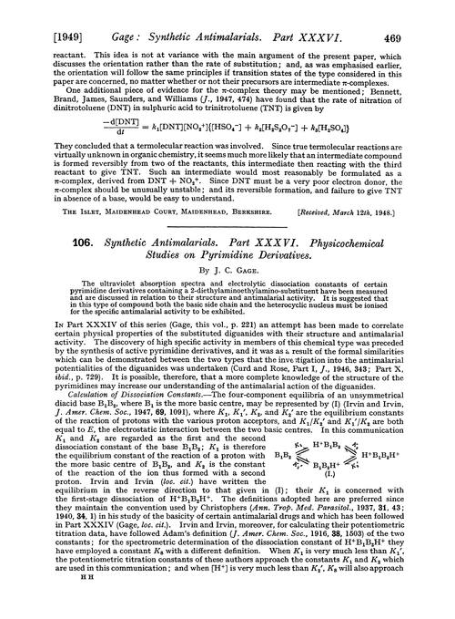106. Synthetic antimalarials. Part XXXVI. Physicochemical studies on pyrimidine derivatives