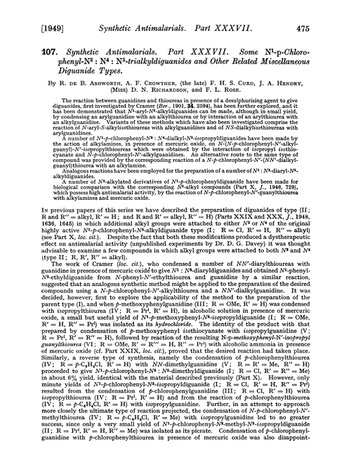107. Synthetic antimalarials. Part XXXVII. Some N1-p-chlorophenyl-N2 : N4 : N5-trialkyldiguanides and other related miscellaneous diguanide types