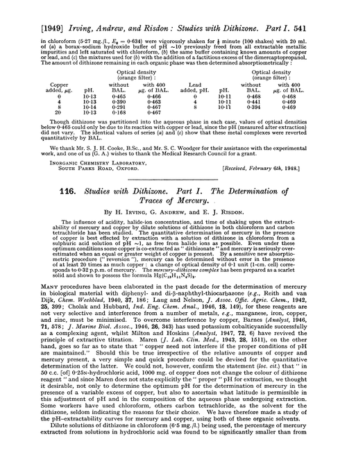 116. Studies with dithizone. Part I. The determination of traces of mercury