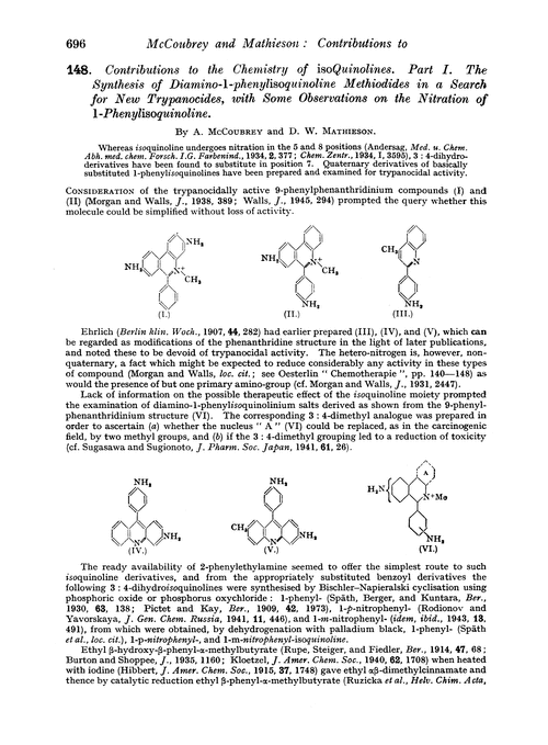 148. Contributions to the chemistry of isoquinolines. Part I. The synthesis of diamino-1-phenylisoquinoline methiodides in a search for new trypanocides, with some observations on the nitration of 1-phenylisoquinoline