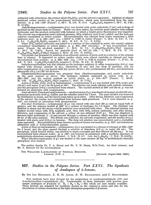 157. Studies in the polyene series. Part XXVI. The synthesis of analogues of beta;-ionone