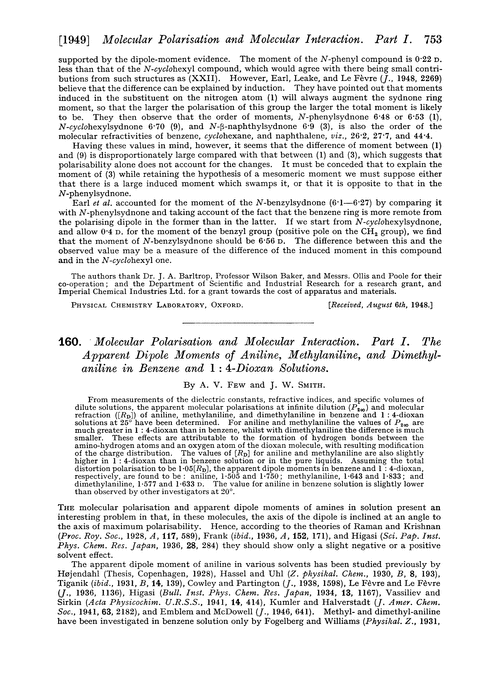 160. Molecular polarisation and molecular interaction. Part I. The apparent dipole moments of aniline, methylaniline, and dimethylaniline in benzene and 1 : 4-dioxan solutions