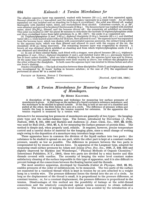 189. A torsion microbalance for measuring low pressures of monolayers