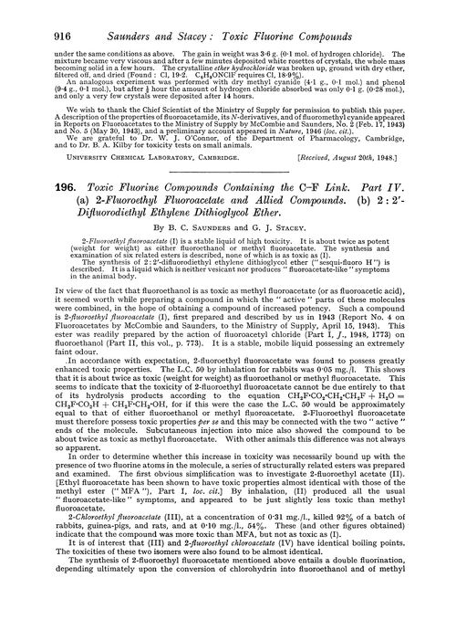 196. Toxic fluorine compounds containing the C–F link. Part IV. (a) 2-Fluoroethyl fluoroacetate and allied compounds. (b) 2 : 2′-Difluorodiethyl ethylene dithioglycol ether