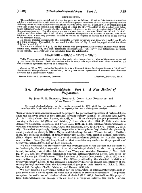 S 4. Tetrahydrofurfuraldehyde. Part I. A new method of preparation