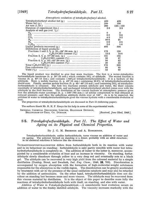 S 5. Tetrahydrofurfuraldehyde. Part II. The effect of water and ageing on its physical and chemical properties