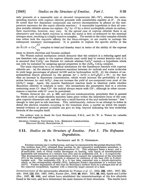 S 11. Studies on the structure of emetine. Part I. The Hofmann degradation