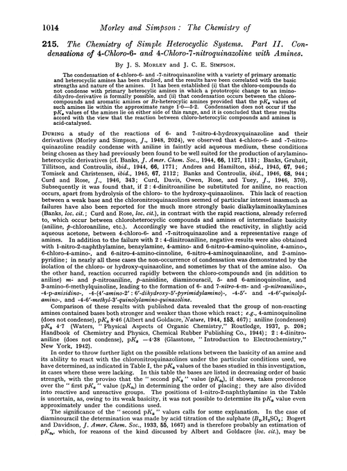 215. The chemistry of simple heterocyclic systems. Part II. Condensations of 4-chloro-6- and 4-chloro-7-nitroquinazoline with amines