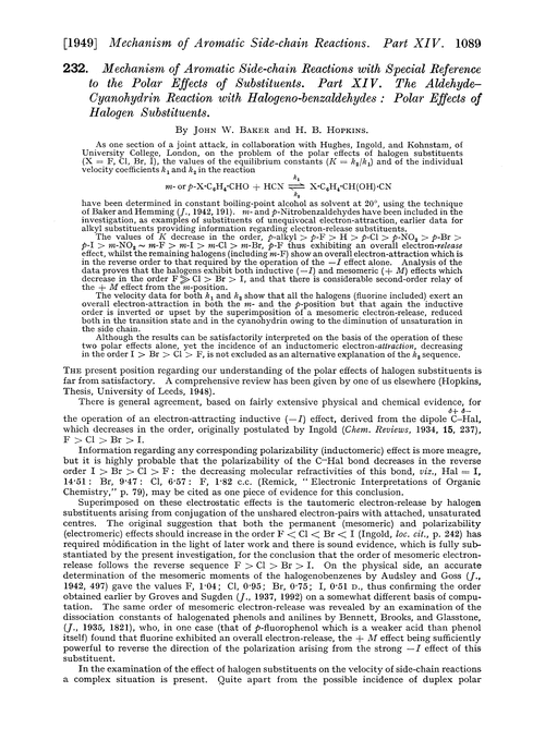 232. Mechanism of aromatic side-chain reactions with special reference to the polar effects of substituents. Part XIV. The aldehyde–cyanohydrin reaction with halogeno-benzaldehydes: polar effects of halogen substituents