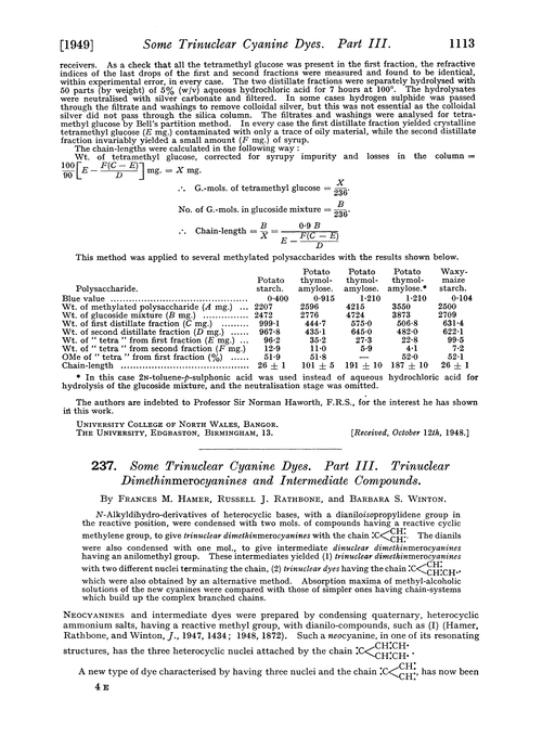 237. Some trinuclear cyanine dyes. Part III. Trinuclear dimethinmerocyanines and intermediate compounds